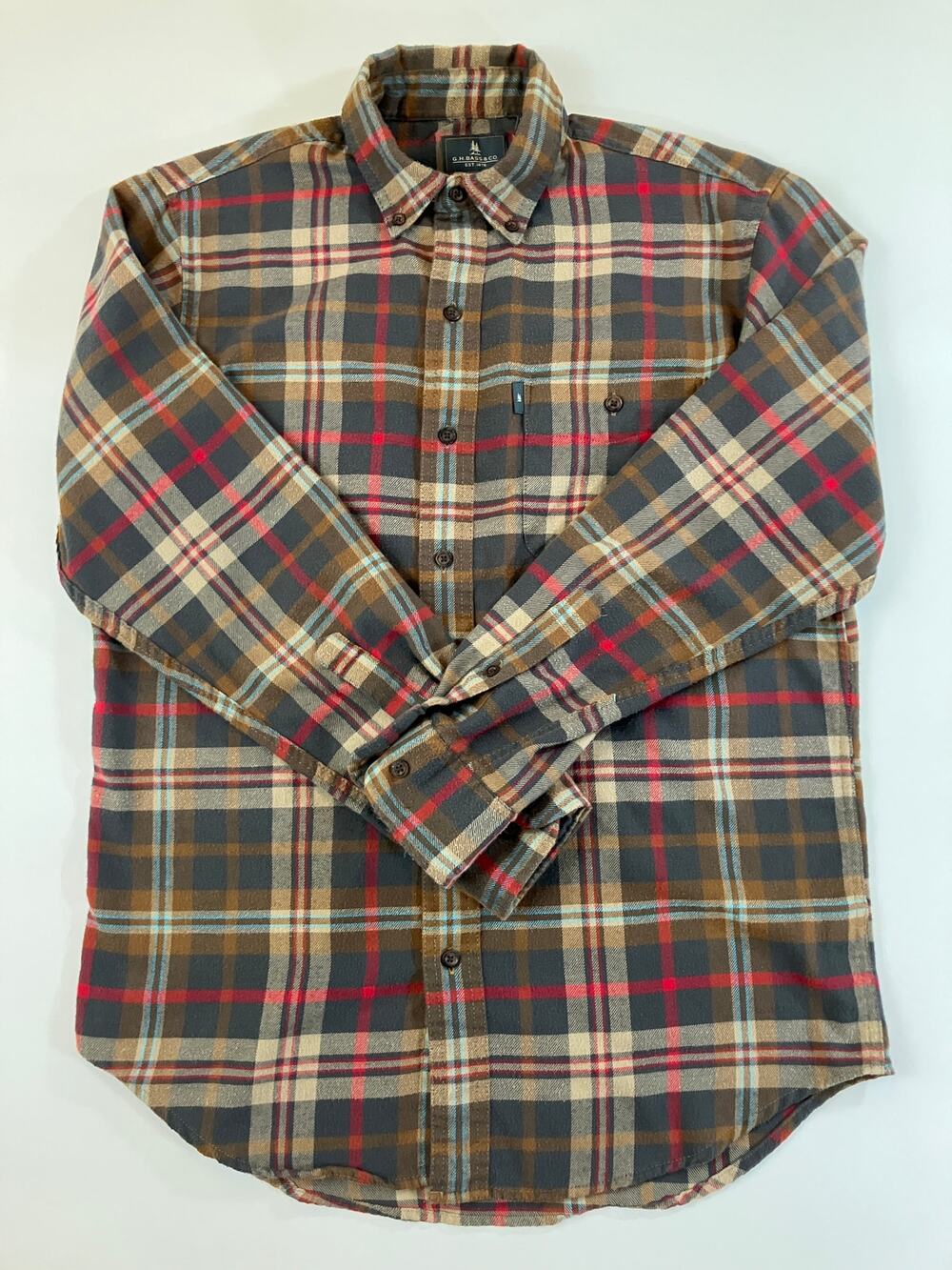 G.H. Bass & Co Men Small Plaid Flannel Shirt Brown Red Blue Button Down
